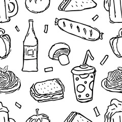 Seamless food pattern. Drawn doodle food background