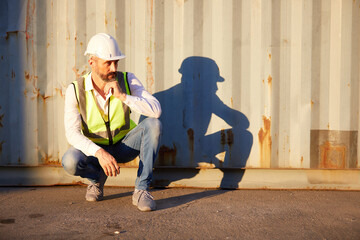 senior factory worker or engineer wearing safety helmet in containers warehouse storage
