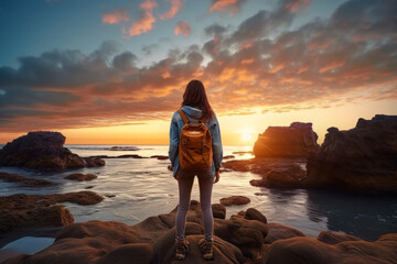 Sunset lighting of young woman traveler watches a beautiful sunset view in background of seascape and sand or stone beach. Travel concept of vacation and holiday. - obrazy, fototapety, plakaty
