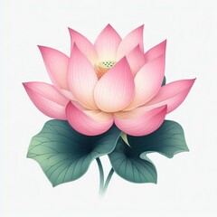 Pink Lotus flower and green Leaf. Blooming Water Lily. Watercolor illustration isolated on a white background. Hand-drawn composition for poster, cards, greeting, cosmetics packaging. Generative AI 