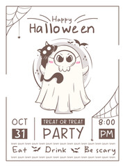 Halloween party invitation poster with cute kawaii ghost. Brochure with calligraphic text. Halloween character vector illustration in pink retro colors