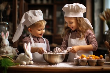 Children are enthusiastically preparing a beautiful, delicious Easter cake.