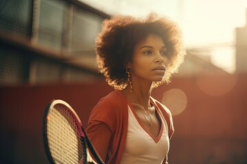 Beautiful african american woman playing tennis in the golden hour at tennis court, outdoor activities.