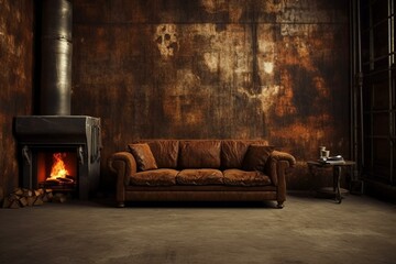 Brown sofa with fireplace. Generative AI
