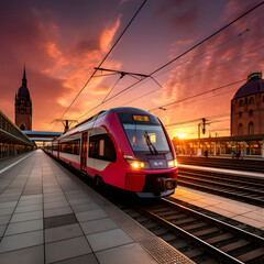 Beautiful railway station with modern red commuter train at colorful sunset in nuremberg , germany.  - obrazy, fototapety, plakaty