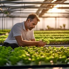 Naklejka na ściany i meble Agronomist man worker working vegetables production greenhouse harvesting organic cultivated salads using hydroponic systems during farming season concept agricultural industry