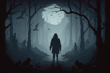 Horror killer silhouette character in a spooky forest. Halloween concept