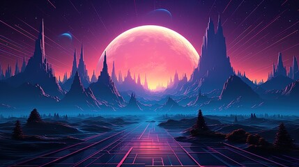 Generative AI, 80s retro futuristic sci-fi., nostalgic 90s. Night and sunset neon colors, cyberpunk vintage illustration. Sun, mountains and palms. Retrowave VJ videogame landscape - obrazy, fototapety, plakaty