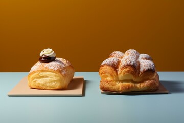 Two pastries on a blank backdrop. Generative AI