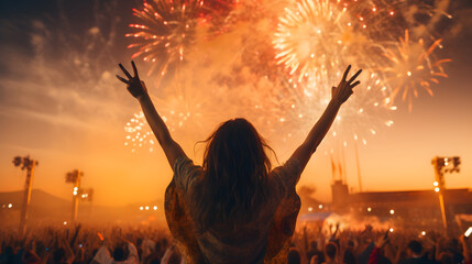 Fototapeta na wymiar Music open air festival with dancing and cheering audience on fireworks light background. Happy party girl with hands up enjoy and celebrating evening concert