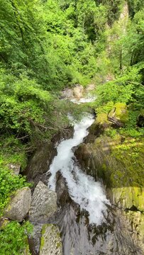 Stream near the Cascata di Valclava or Kalmtaler Wasserfall waterfall in South Tirol Italy during a beautiful springtime day in the Alps. The river Kalmbach is falling down in the midst of a dense for