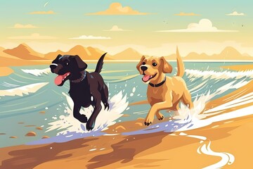 Illustration of two dogs playing running along the ocean beach, summer holidays trip with domestic animals.