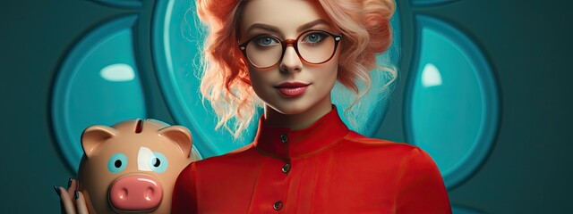 Smart girl in glasses with a piggy bank showing how to save money.  - obrazy, fototapety, plakaty