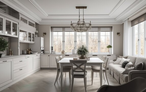 Luxurious interior design of white kitchen dining room