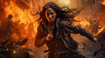 Action shot with woman on the run. Dynamic scene in action movie blockbuster style. © swillklitch