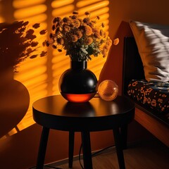 A vase of flowers on a table next to a bed in evening yellow light trough window, cozy mood.