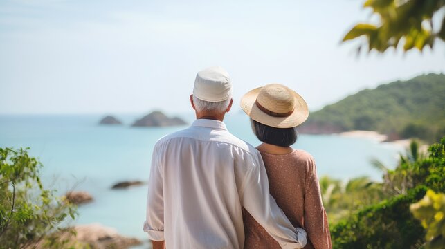 A senior couple enjoying their retirement, traveling to a luxurious resort. Basking in the sun, with the beautiful resort in the background, embodying the essence of relaxation and leisure.
