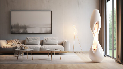 Organic futuristic Floor lamp in white in a modern scandinavian living room created with Generative Ai