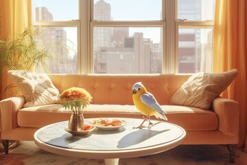 A furnished living room with a sunny window, revealing a coffee table hosting a bird. Generative AI