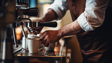 male barista preparing coffee on an espresso machine in a cafe. Generative Ai - obrazy, fototapety, plakaty
