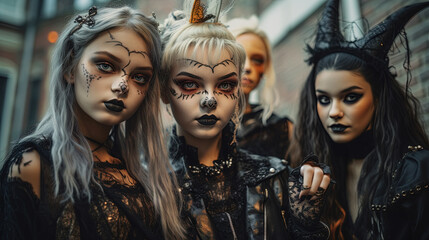 Group of teenagers in spooky makeup for Halloween holiday. Teen friends celebrating Halloween on the street.