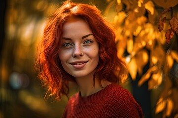 Autumn portrait of Young beautiful woman with red hair