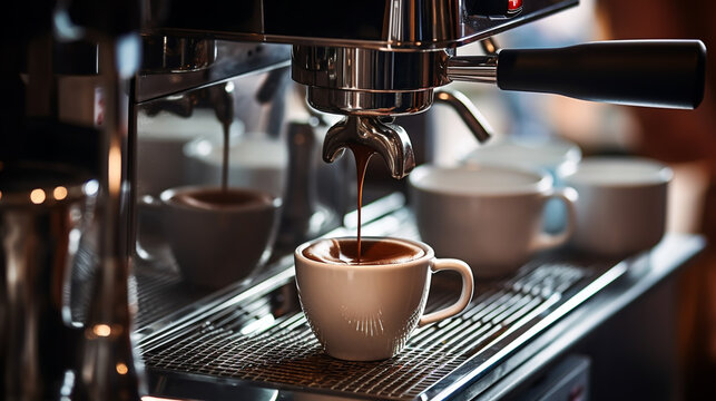 male barista makes coffee in an espresso machine in a bar, restaurant or cafeteria. horizontal. Generative Ai