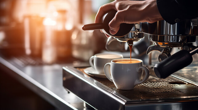 male barista makes coffee in an espresso machine in a bar, restaurant or cafeteria. Generative Ai