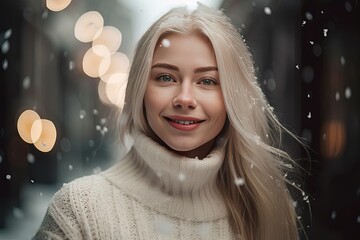 All-white winter portrait of blonde young woman in sweater on snowy street