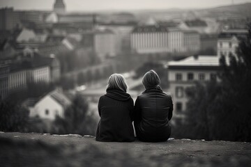 Two people sitting on a ledge overlooking a city in black and white