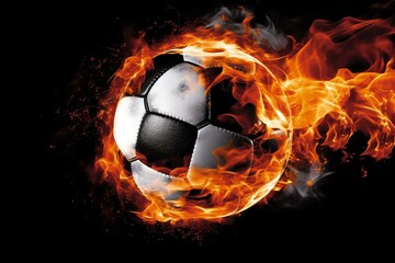 Flaming soccer ball, sports theme, black backdrop. Generative AI