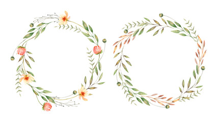 Watercolor Wreaths Collection with hand painted delicate leaves, pink  flowers, roses. Romantic floral frames  perfect for wedding greeting cards, invitation.