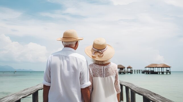 A senior couple enjoying their retirement, traveling to a luxurious resort. Basking in the sun, with the beautiful resort in the background, embodying the essence of relaxation and leisure.