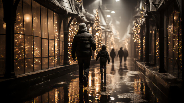 Christmas Village - black and white - monochrome - rear low angle view - stylish - mysterious - white lights - devorations - shopping 