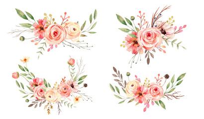 Watercolor Bouquets Collection with hand painted delicate leaves, pink  flowers, roses, feathers Romantic boho  floral arrangements  perfect for wedding greeting cards, invitation. © Olesya Frolova