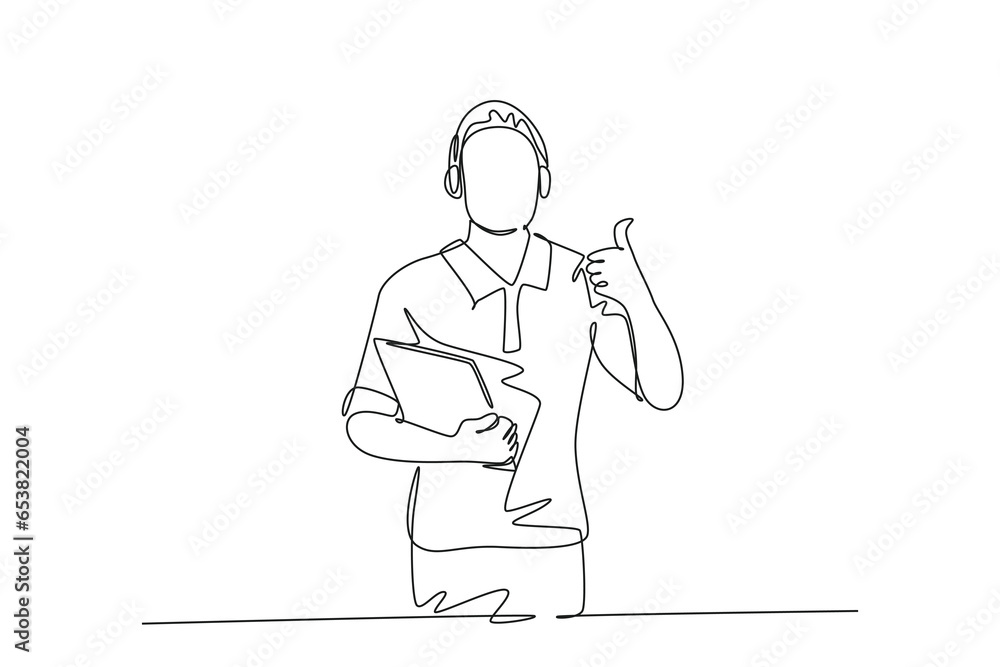 Poster single continuous line drawing young happy field project manager wearing headset and carrying clipbo