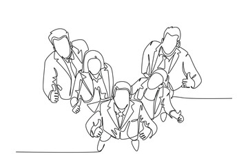 Single continuous line drawing group of line up young businessmen and businesswoman standing together giving thumbs up gesture or pose from top view. One line draw graphic design vector illustration