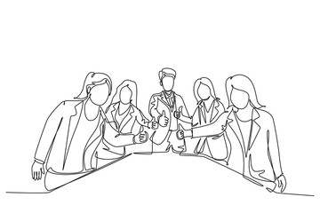 Single continuous line drawing group of young happy businessmen and businesswoman standing up together and giving thumbs up gesture. Business meeting. One line draw graphic design vector illustration