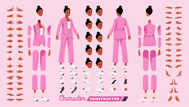 African american woman, pink suit character DIY constructor. Wide pants, loose business casual wear. Head, leg, hand gestures, black female fashion blogger emotions. Vector cartoon construction kit