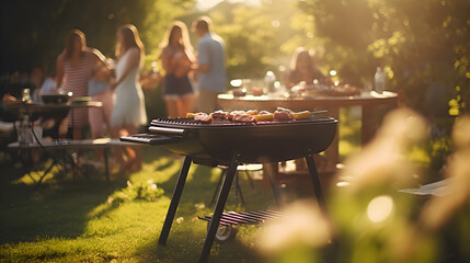 Family and friends having a picnic barbecue in the garden. Enjoy eating blurred backgrounds.