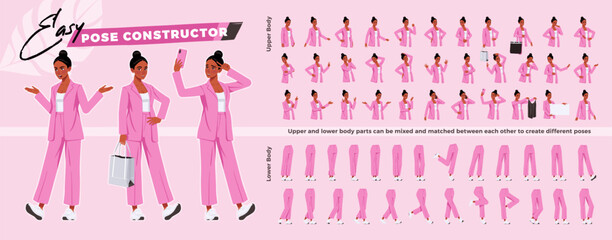 African american woman in vivid pink, pretty black girl character easy pose constructor. Fashion, beauty, pop culture blogger drag drop set, body match figure building. Vector cartoon construction kit