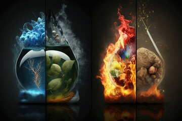 Fantasy magic potion in the bottle with fire and smoke. Collage