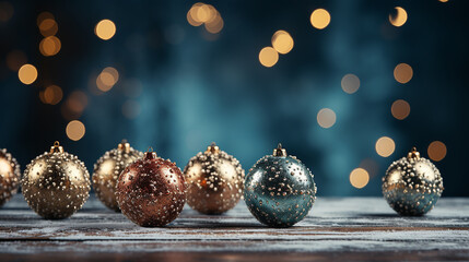 Christmas tree decoration balls on the old wooden table - obrazy, fototapety, plakaty