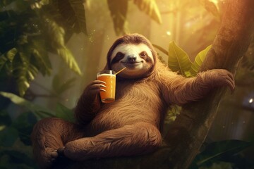 Relaxed sloth enjoying a refreshing beverage under shades. Generative AI