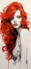Painting portrait of a woman with red hair made with Ai generative technology, person is fictional