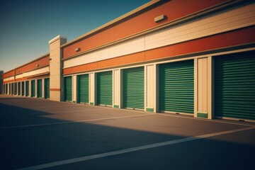Exterior view of a self storage units row. Individual storage unit metal roll up doors. Generative Ai - obrazy, fototapety, plakaty