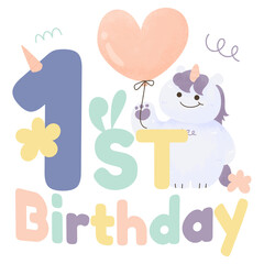 cute kawaii unicorn birthday party with flower, balloon, doodle the inscription my first birthday. Funny baby print. Kids birthday party.
