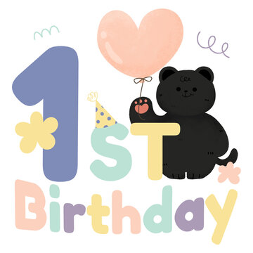 cute kawaii black cat birthday party with flower, balloon, doodle the inscription my first birthday. Funny baby print. Kids birthday party.