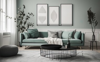 Stylish scandinavian living room interior with design