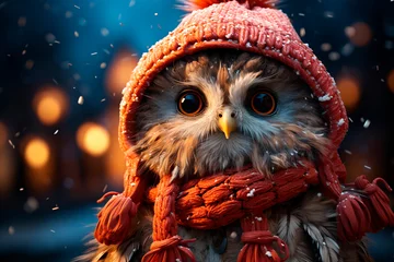 Keuken foto achterwand cute owl in knitted hat and scarf, snowfall, close-up  © Outlander1746